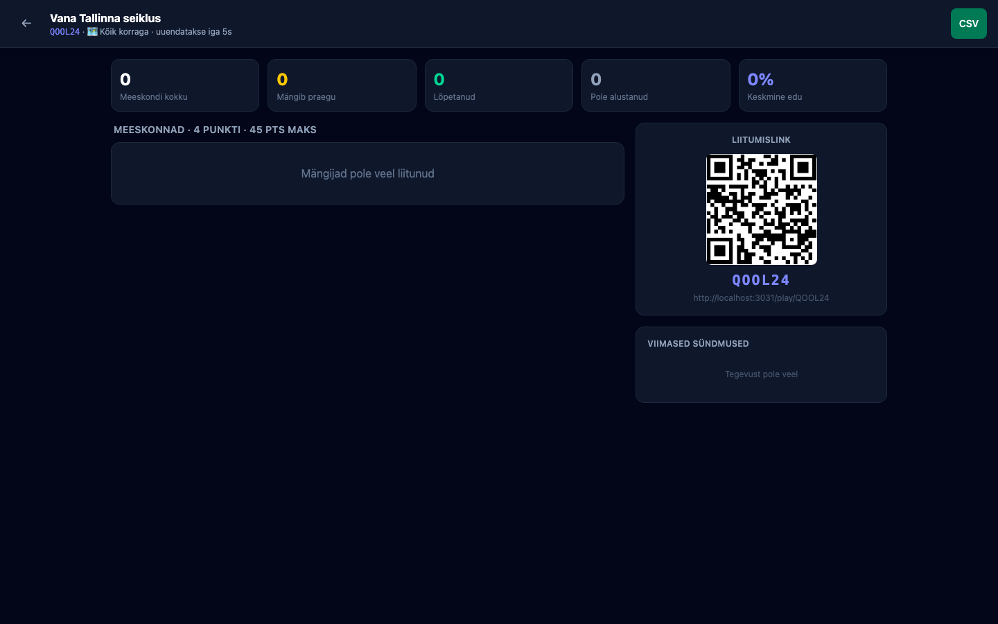 Monitor: QR-kood + live-statistika
